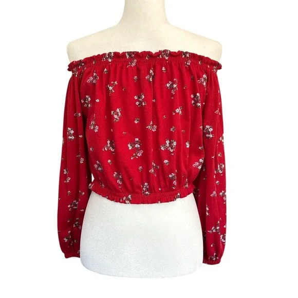 H&M Divided‎ Floral Off Shoulder Crop Top Long Sleeve Peasant Style Blouse Red M - Picture 2 of 5